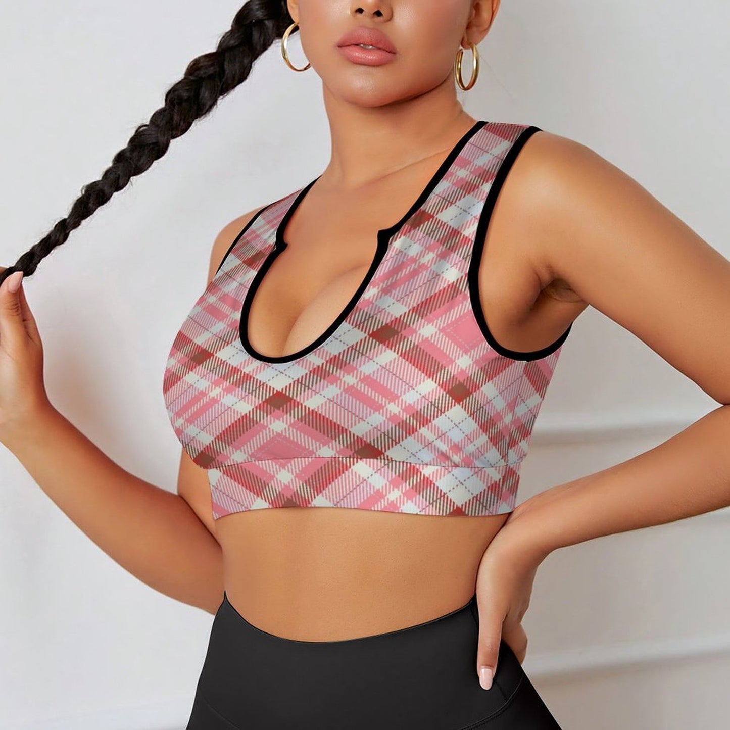 Pink Plaid. Open Sports Bra