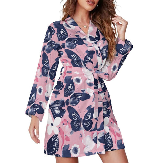 Navy Fli. Long Sleeve Robe Dress