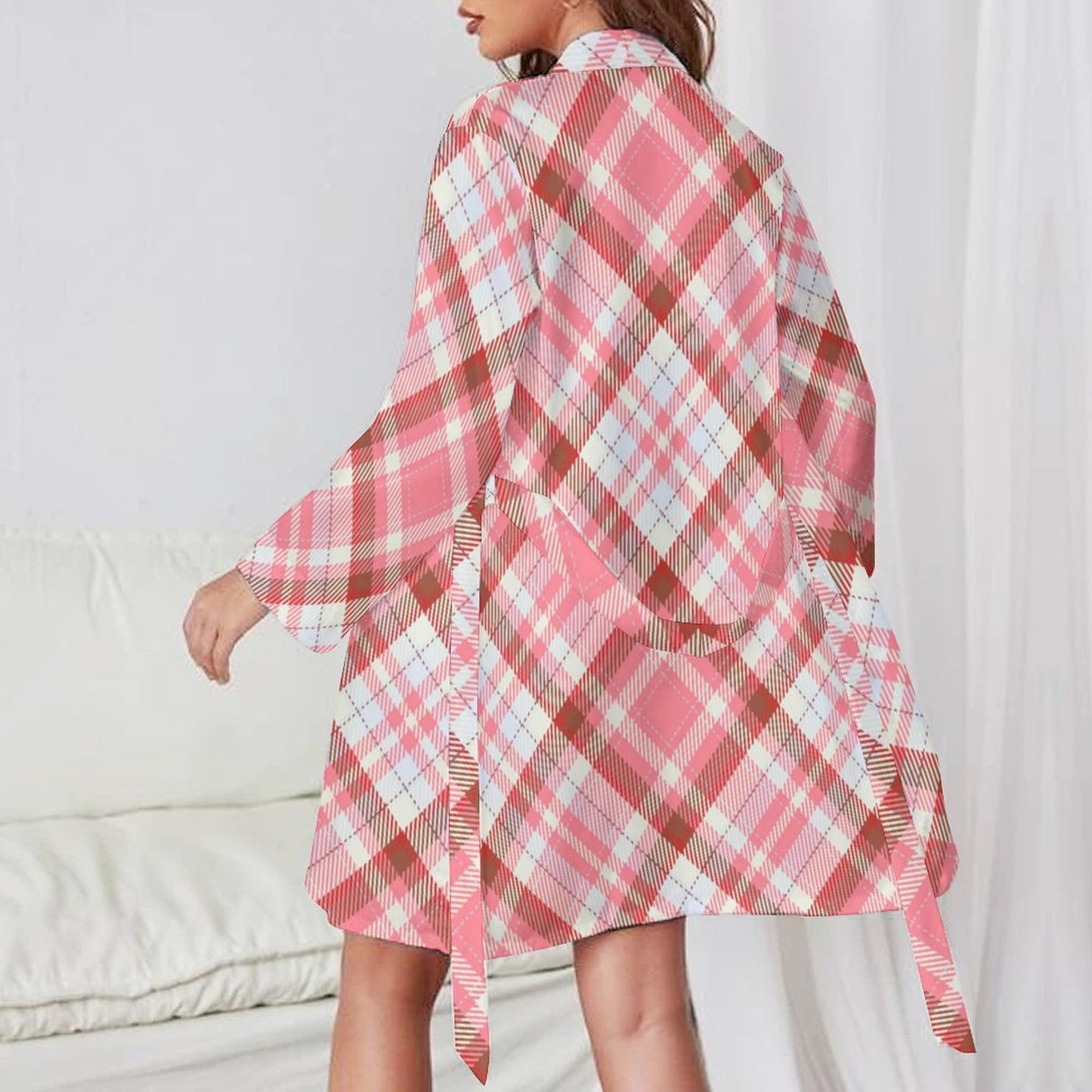 Pink Plaid. Long Sleeve Robe Dress