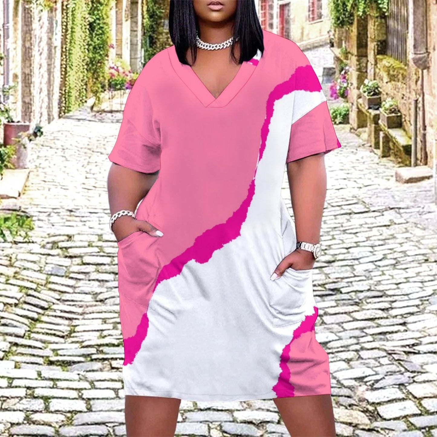 Pink-Dis. V-Neck Baggy Dress