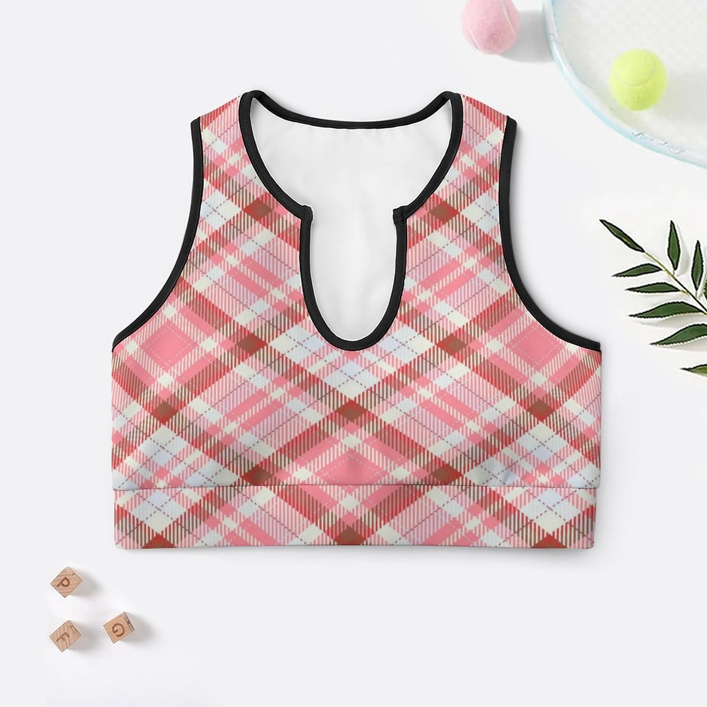 Pink Plaid. Open Sports Bra