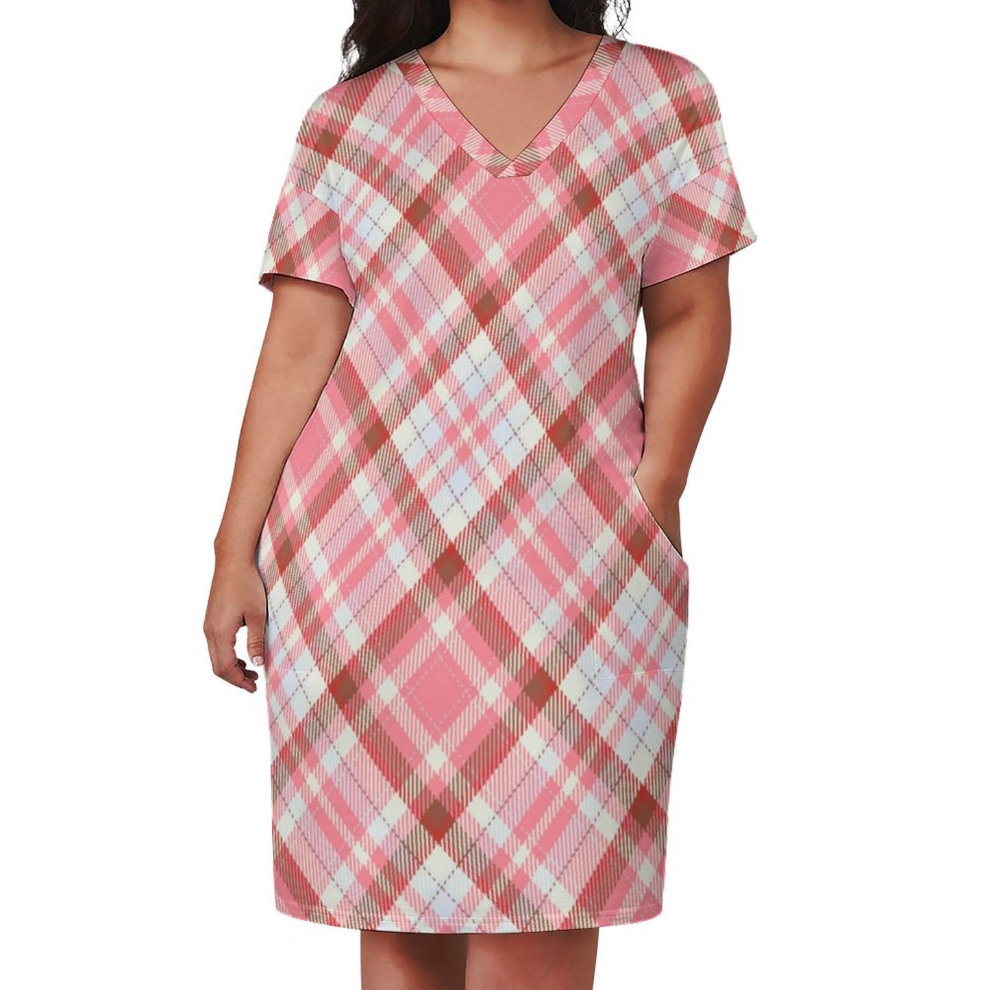 Pink Plaid. V-Neck Baggy Dress