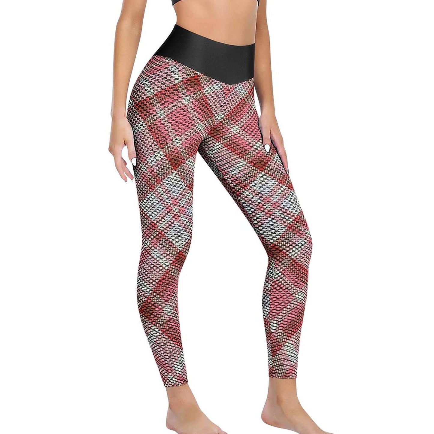 Pink Plaid. Honeycomb Textured Leggings