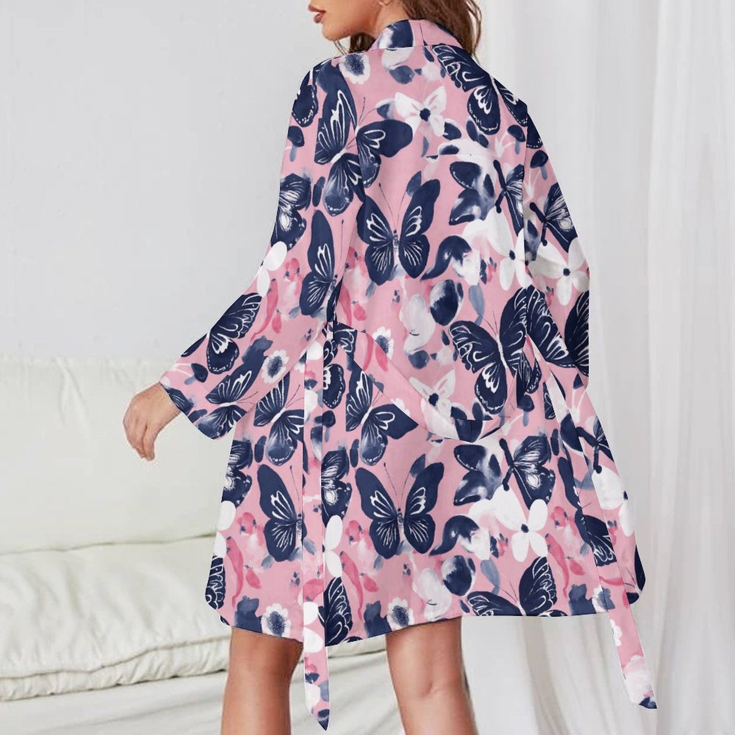 Navy Fli. Long Sleeve Robe Dress