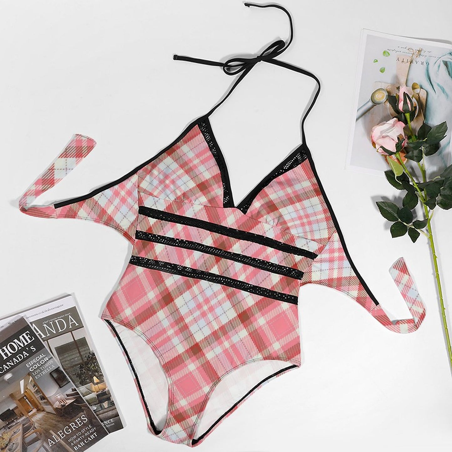 Pink Plaid. Halter One-Piece Swimsuit