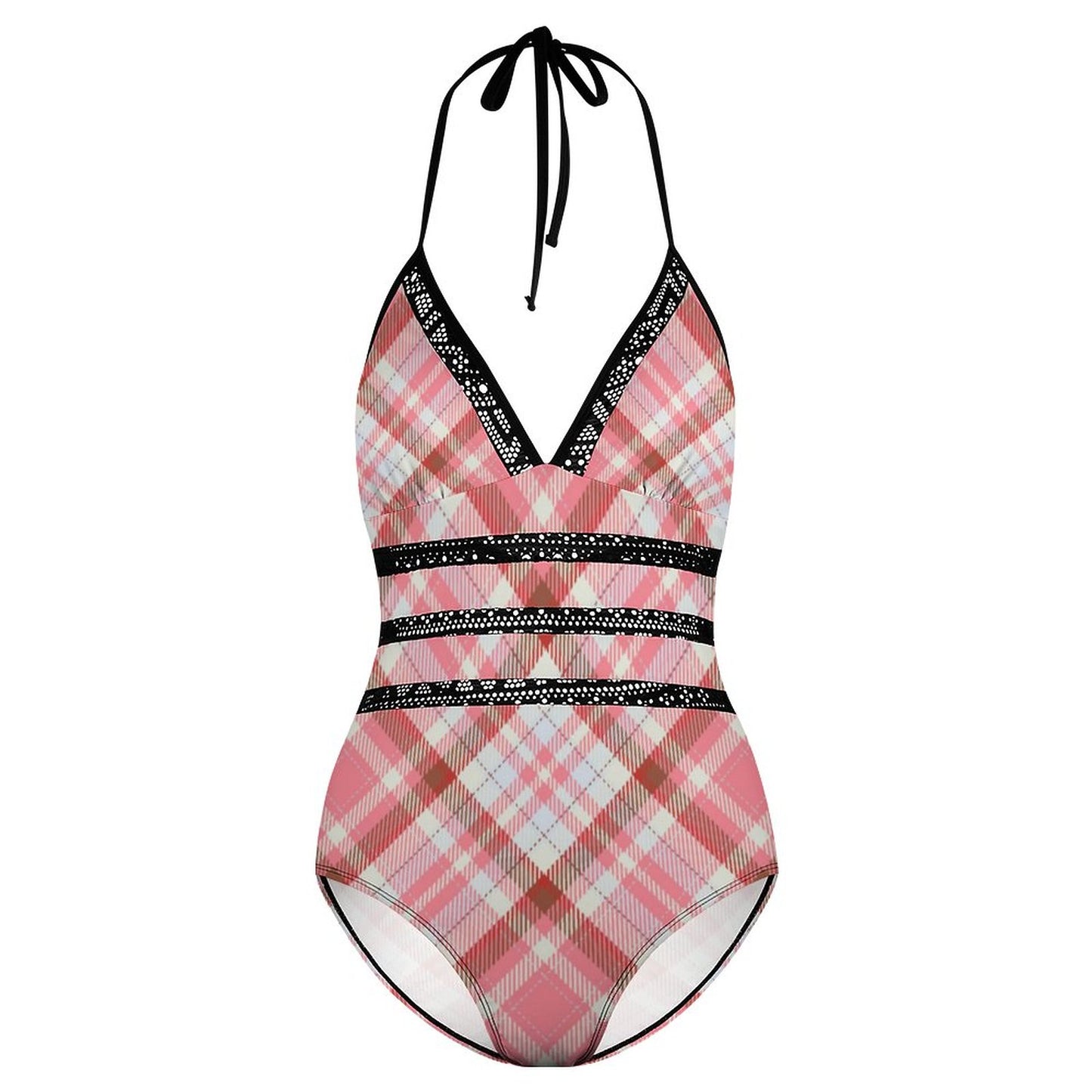 Pink Plaid. Halter One-Piece Swimsuit