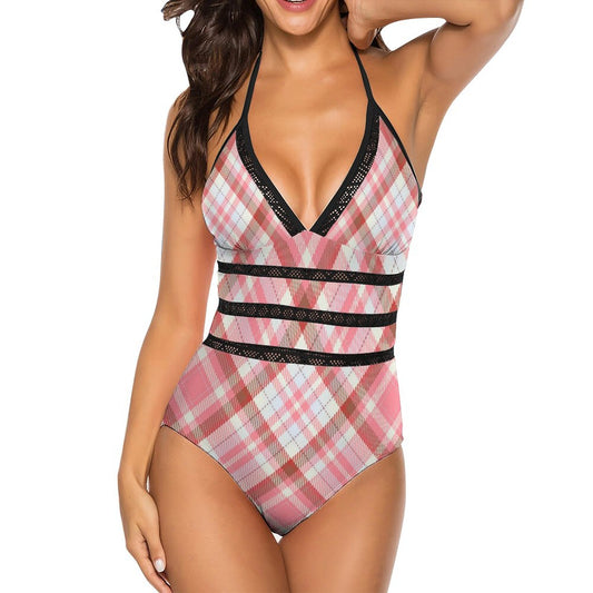 Pink Plaid. Halter One-Piece Swimsuit