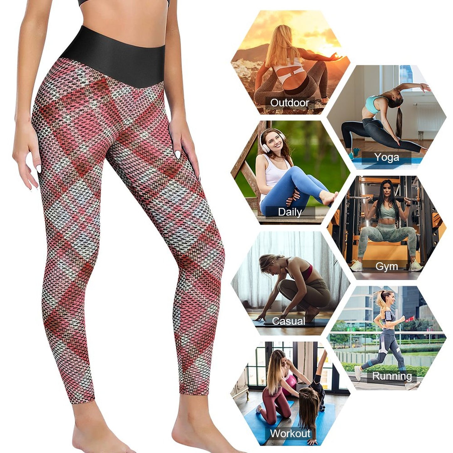 Pink Plaid. Honeycomb Textured Leggings