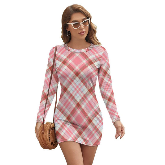 Pink Plaid. Long Sleeve Bodycon Dress