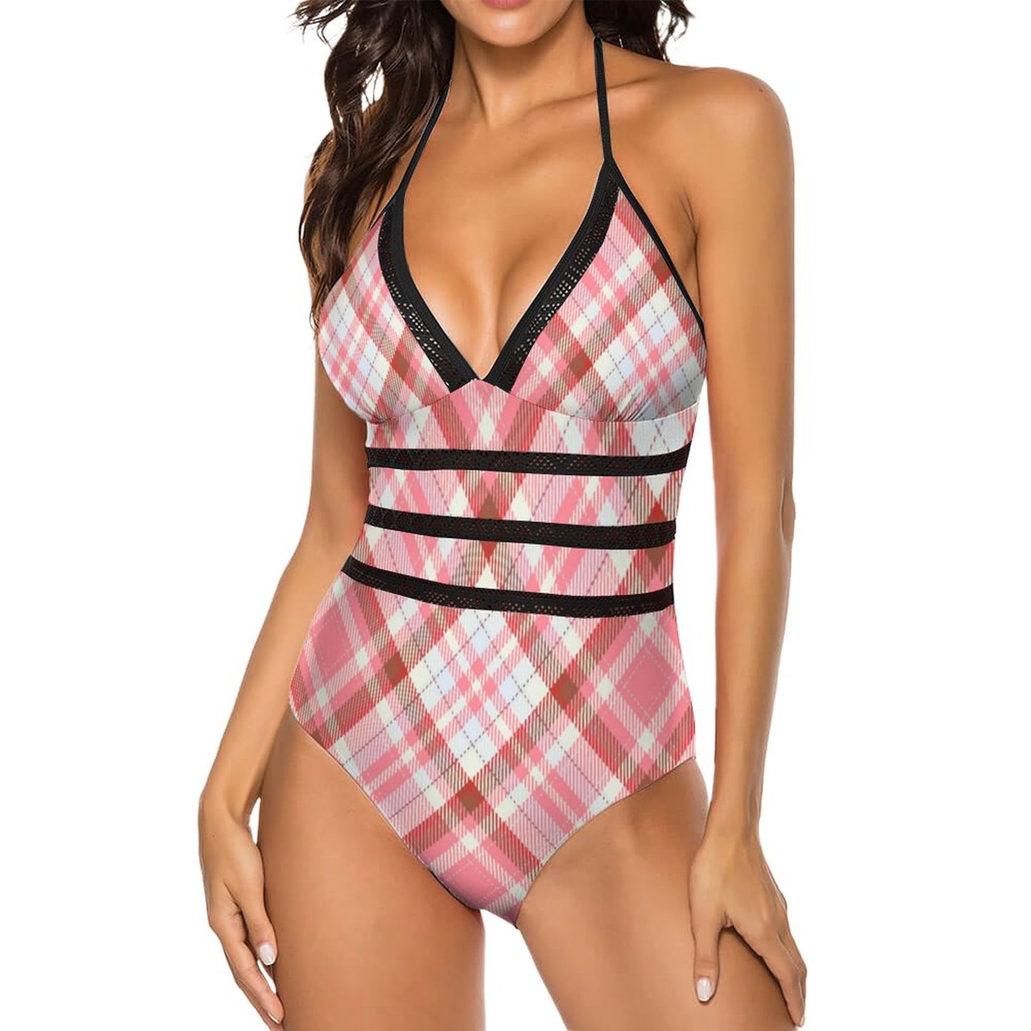 Pink Plaid. Halter One-Piece Swimsuit