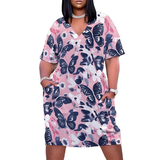 Navy Fli. V-Neck Baggy Dress