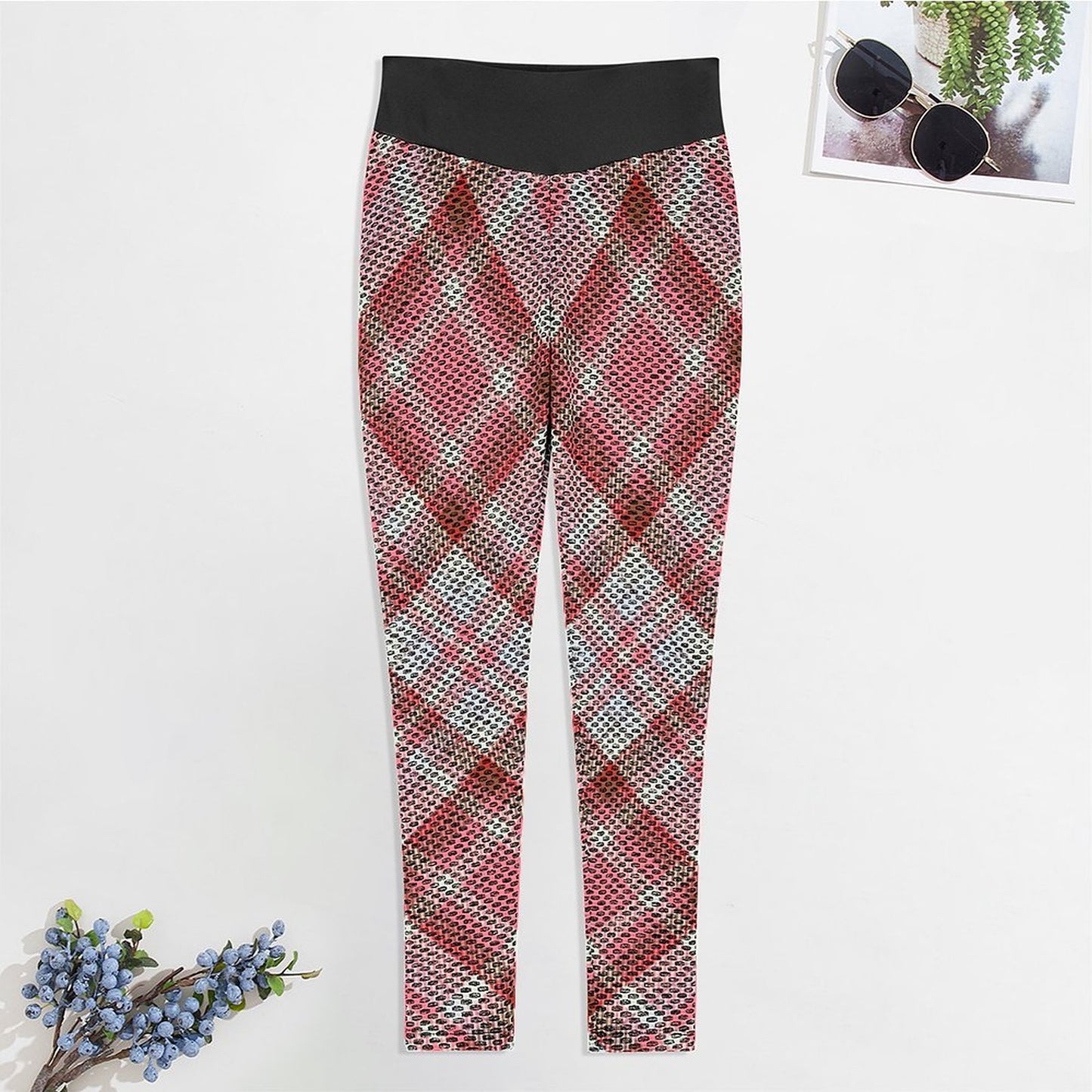 Pink Plaid. Honeycomb Textured Leggings