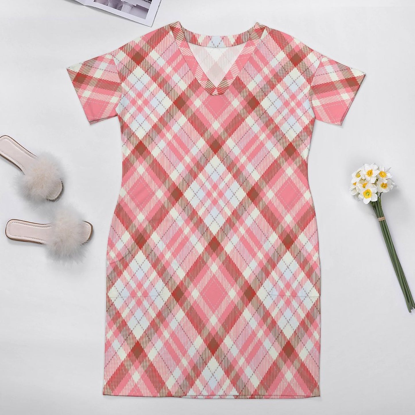 Pink Plaid. V-Neck Baggy Dress