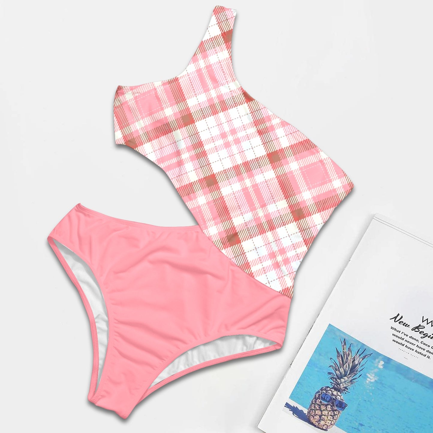 Pink Plaid. One Shoulder One-Piece Swimsuit