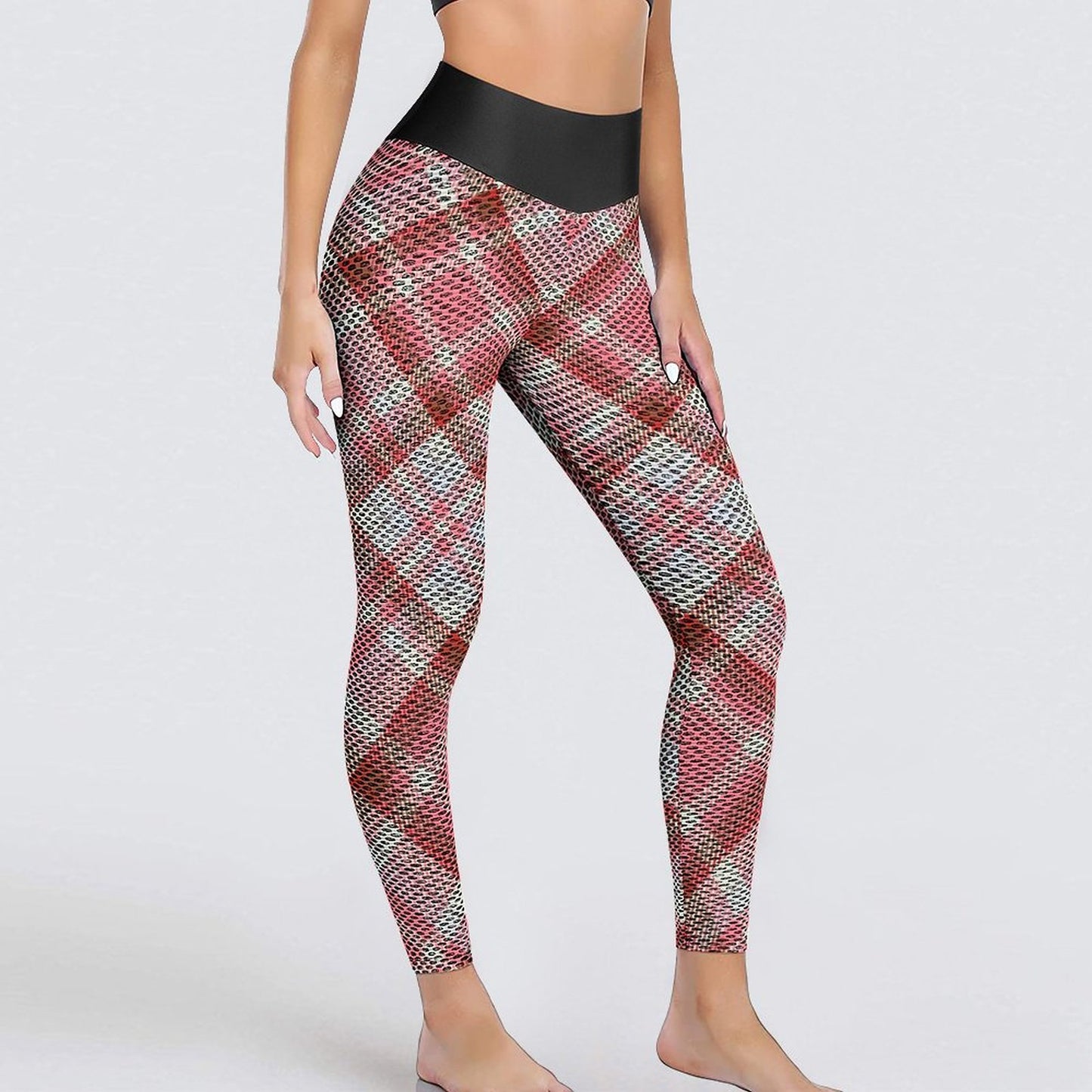 Pink Plaid. Honeycomb Textured Leggings