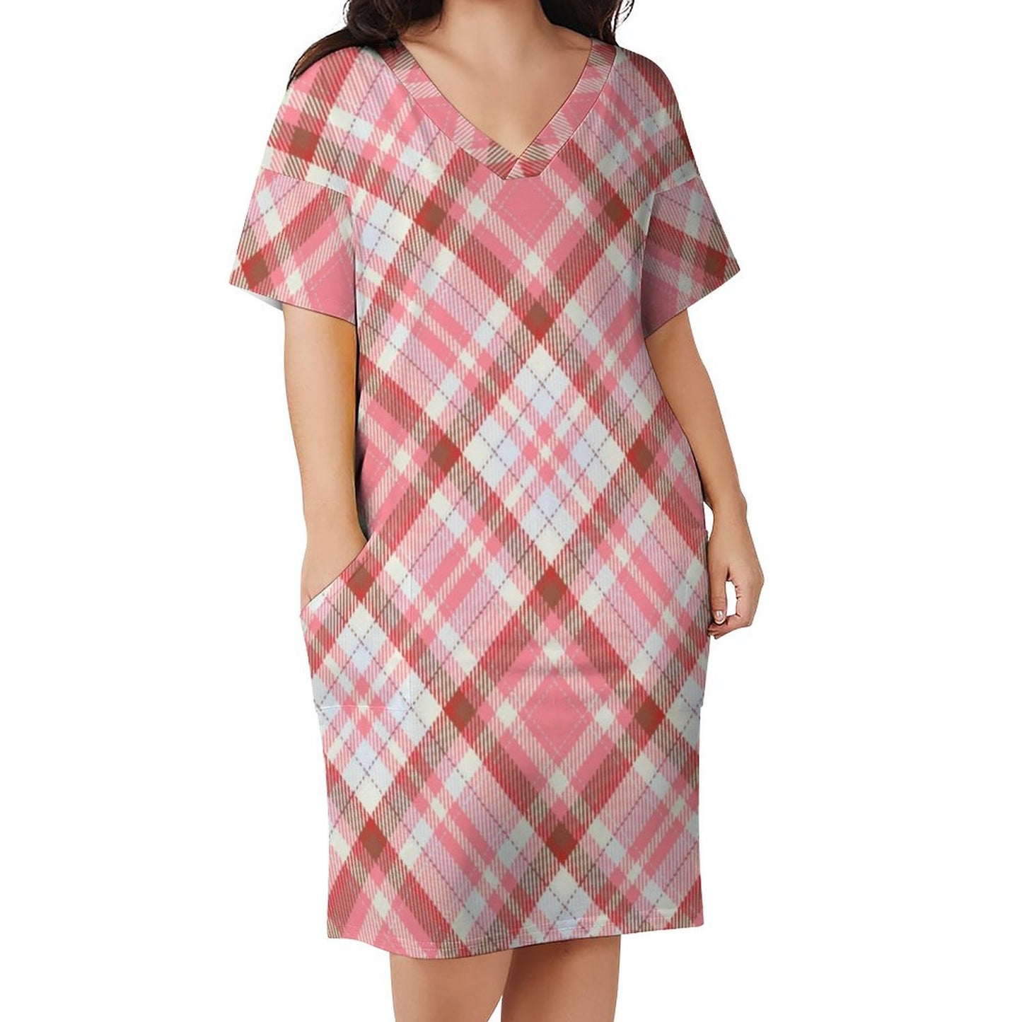 Pink Plaid. V-Neck Baggy Dress