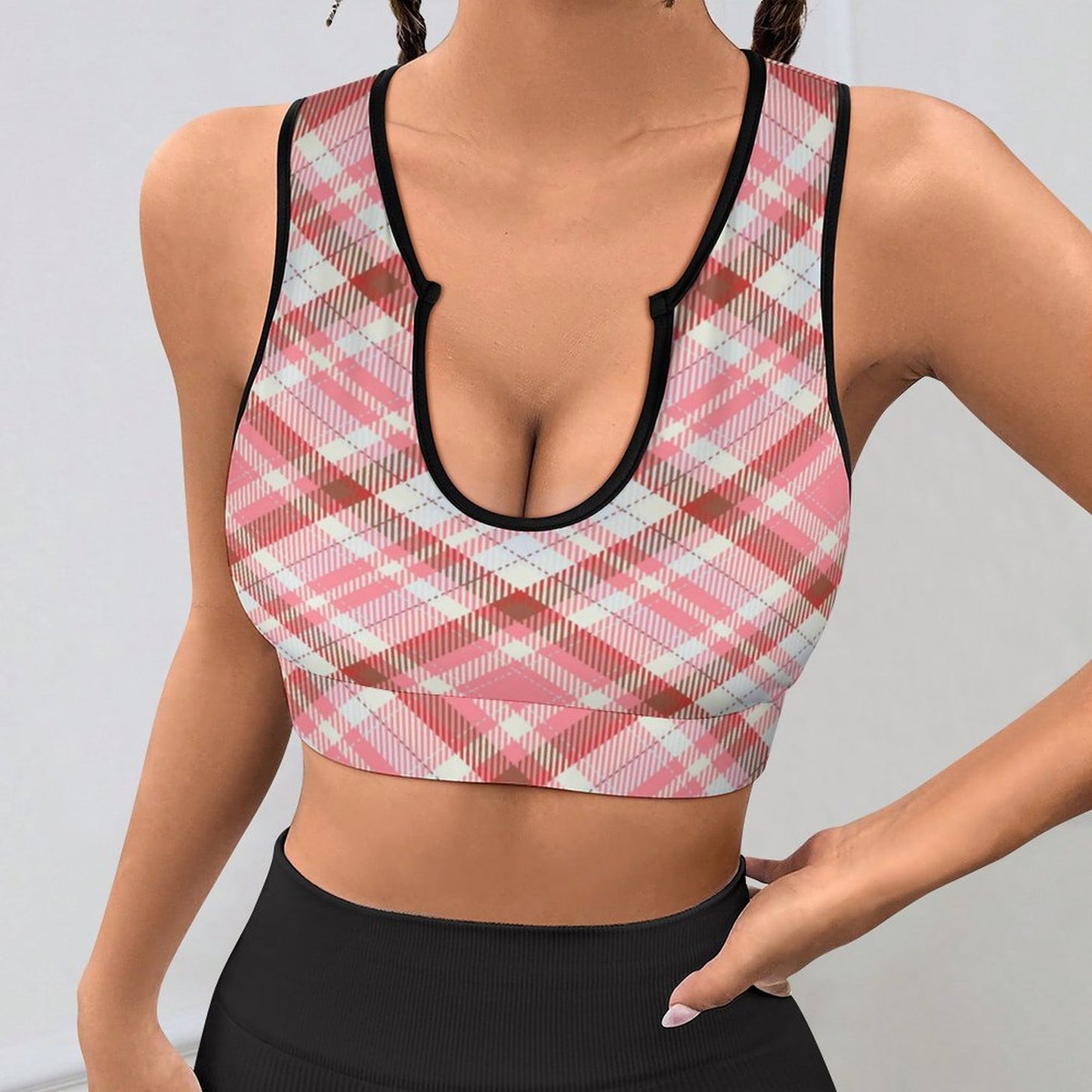 Pink Plaid. Open Sports Bra