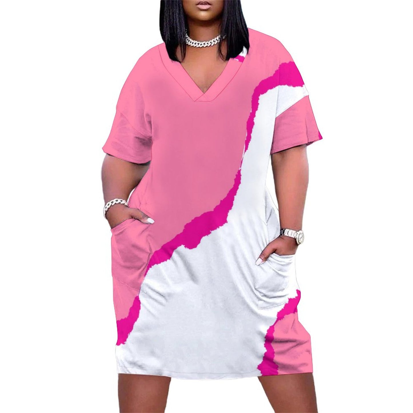 Pink-Dis. V-Neck Baggy Dress