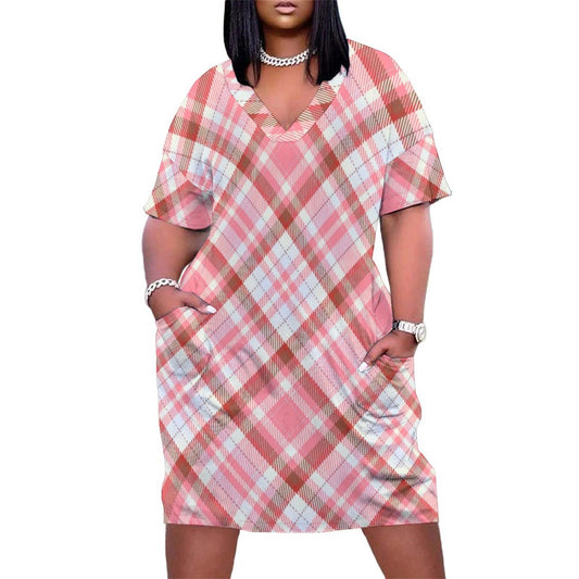 Pink Plaid. V-Neck Baggy Dress