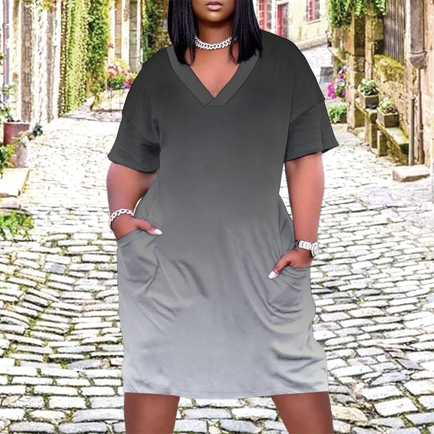 Shades Grey. V-Neck Baggy Dress