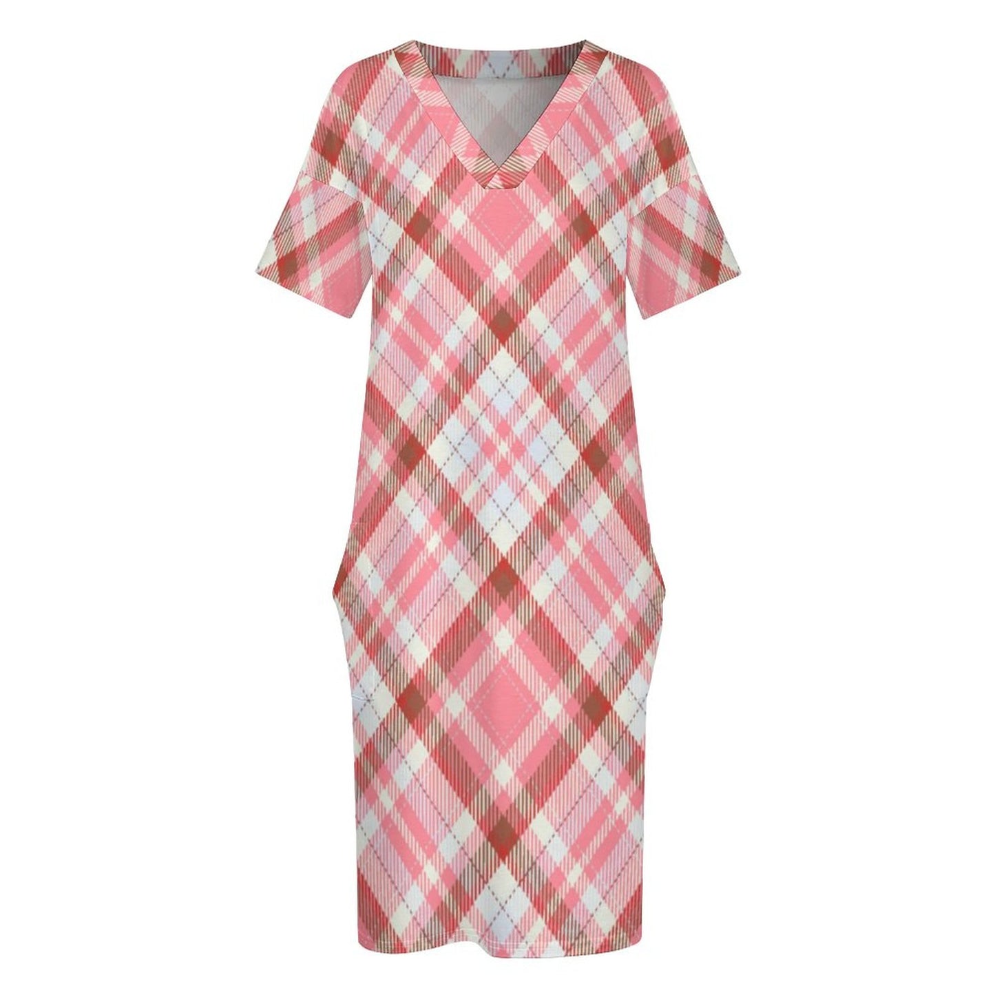 Pink Plaid. V-Neck Baggy Dress