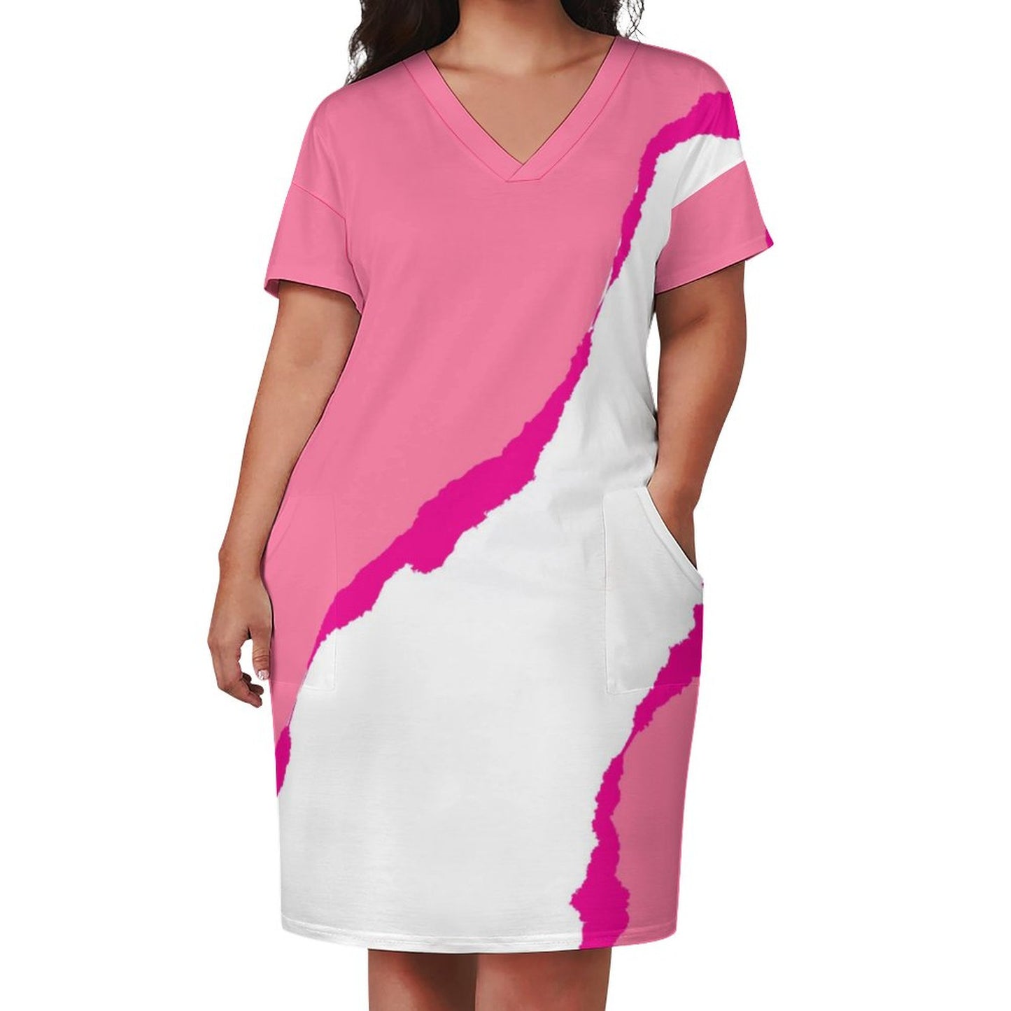 Pink-Dis. V-Neck Baggy Dress